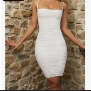 OhPolly First Date Ruched Mesh Midi Dress